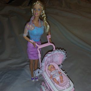 Vintage 1999 Walking Barbie & Baby Sister Krissy with Stroller & Accessories